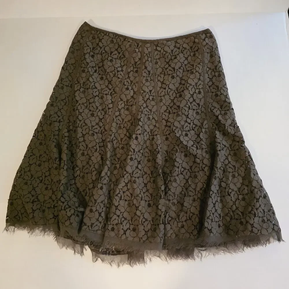 TAHARI Lace Midi Skirt SIze 12 Brown Raw Hem Lined Cottagecore Romantic Floral